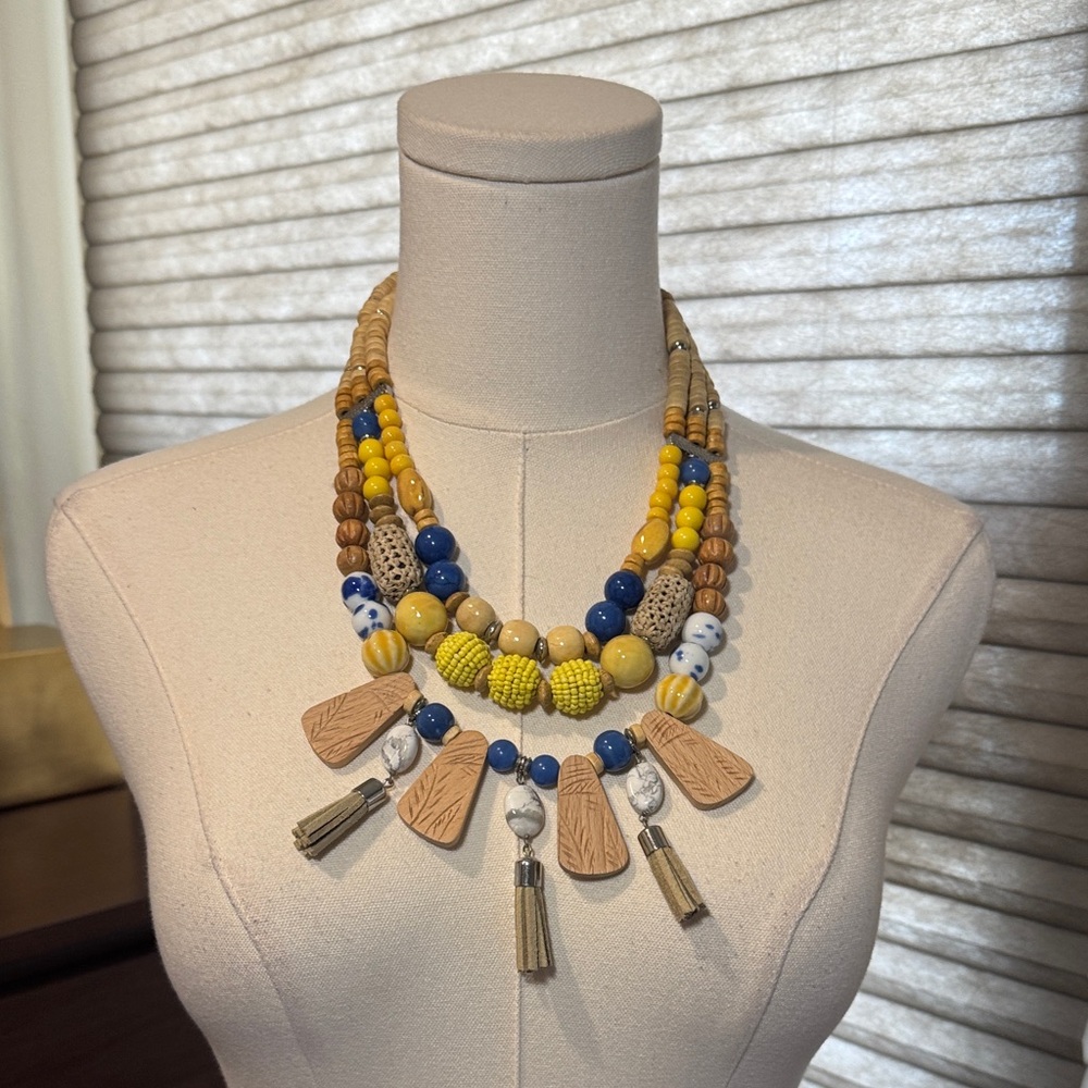 Chico's Yellow Beaded Wood Agate Multi Strand Vintage Necklace w/Suede Tassels.